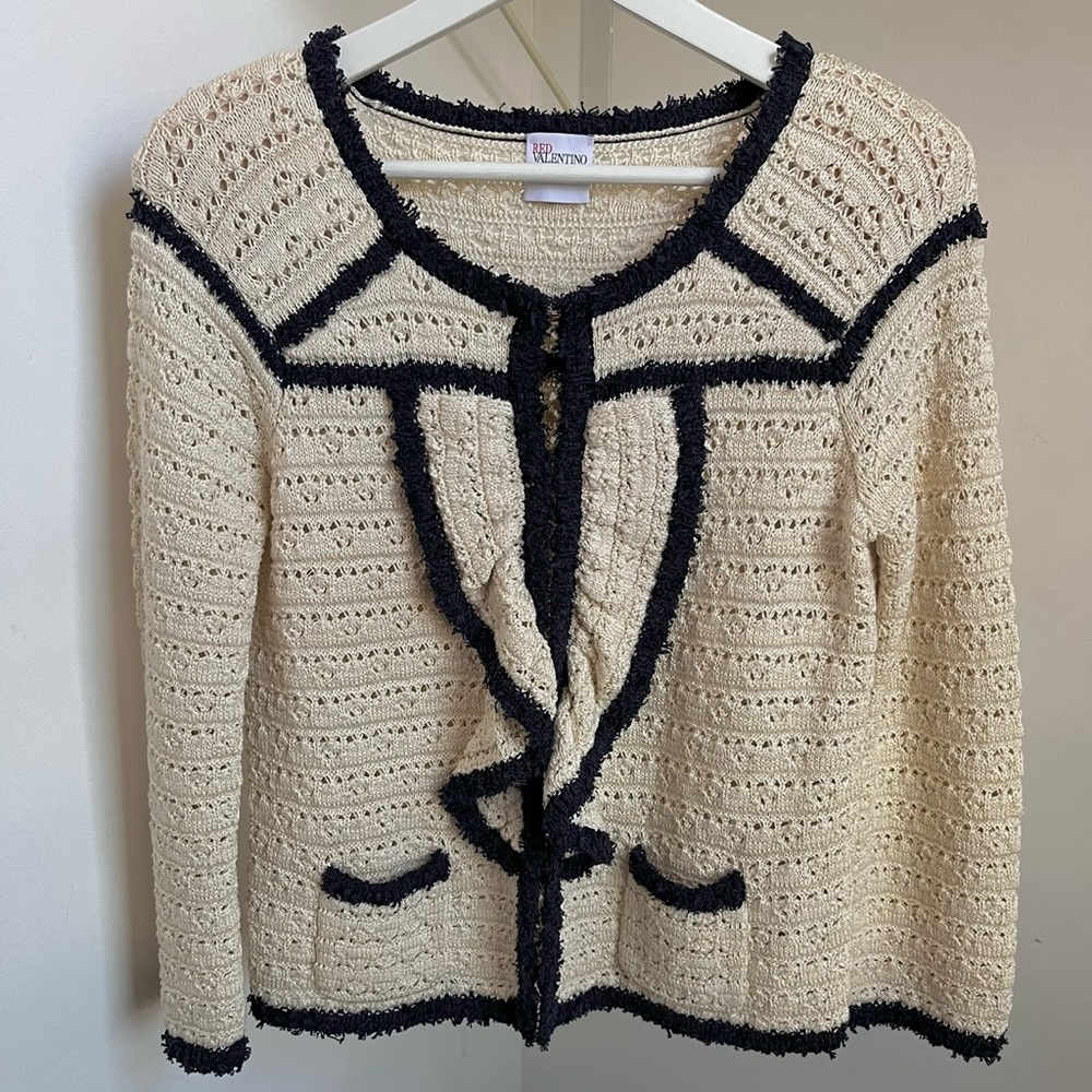 RED Valentino • XL • Ivory Gold & Navy Knit Crochet Cardigan Sweater Blazer